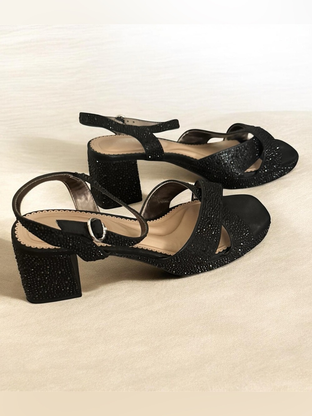 Black Rhinestone Embellished Block Heel Sandals